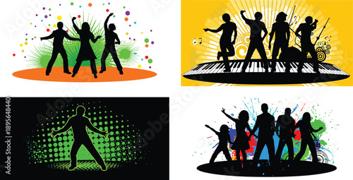 Dancing people silhouettes at colorful music party festival disco celebration youth crowd nightlife background vector illustration set