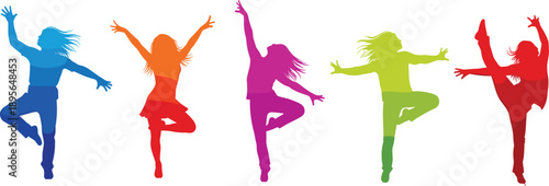 Colorful dancing women silhouettes jumping and celebrating isolated on white background energetic movement fitness party lifestyle vector illustration