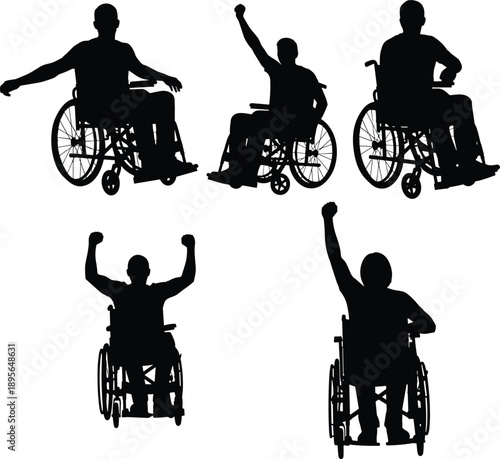 Set of silhouettes featuring people in wheelchairs celebrating success and cheering with raised arms for diversity, inclusion, and disability empowerment concepts