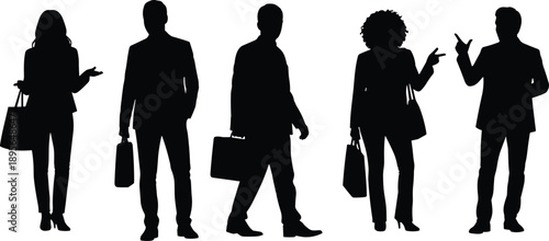 Collection of black silhouettes featuring professional business men and women carrying briefcases, walking, and standing in formal suits on white background