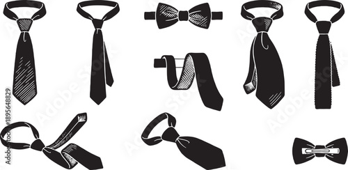 Collection of black neckties and bow ties in various styles and knots, isolated on white background.