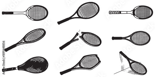 Collection of nine vintage tennis rackets in various states of condition, some intact and some broken.