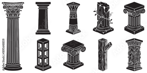 Collection of diverse architectural columns and pillars in a black and white illustration style.