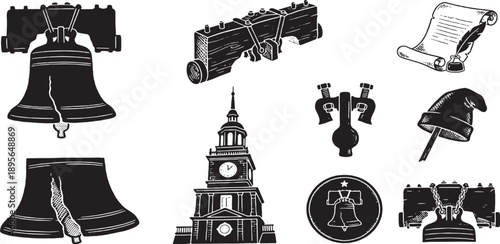 Collection of American historical symbols and icons in black and white silhouette style.