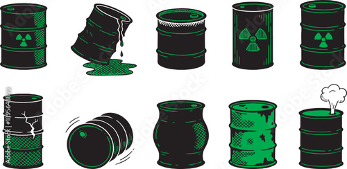 Collection of various hazardous waste barrels, including leaking, cracked, and smoking containers with radiation symbols.