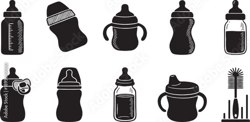 Collection of black silhouette icons representing various baby feeding bottles, sippy cups, and a bottle brush.