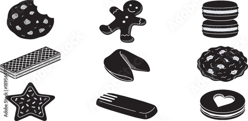 Collection of nine black and white illustrations of various cookies and baked goods, perfect for graphic design.