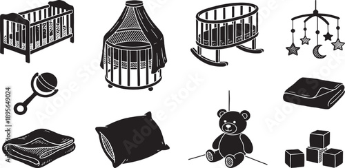 Collection of black and white illustrations of baby items including cribs, blankets, a teddy bear, and blocks.