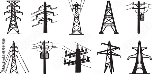 Collection of various electricity pylons and power line poles with insulators and transformers.