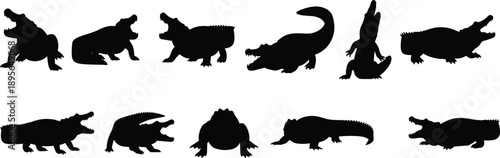 Alligator and crocodile silhouettes set showing different poses wild reptile predator animals isolated on white background vector illustration