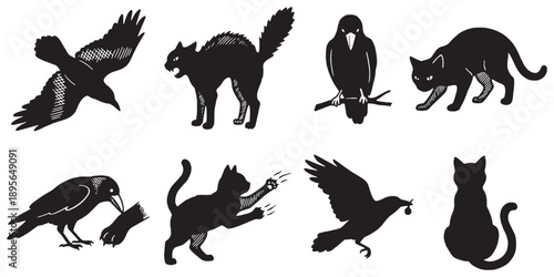 Collection of black silhouette illustrations of cats and crows in various poses and actions.