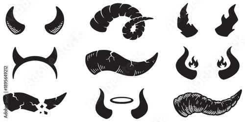 Collection of various black devil horns and fantasy creature horns, isolated on white background.
