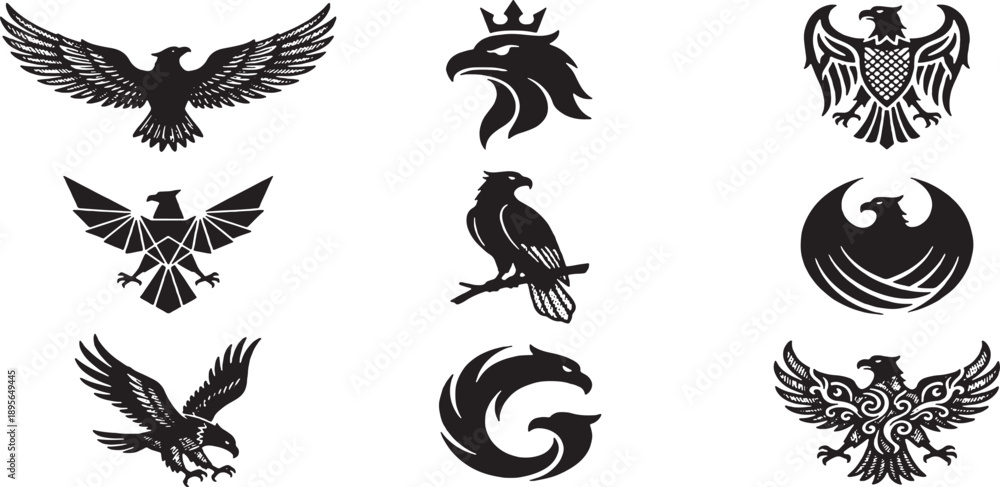 Fototapeta premium Collection of stylized eagle emblems and icons in black and white, representing power and freedom.