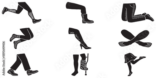 Collection of black silhouette icons representing various human leg poses and activities, including running, walking, and sitting.