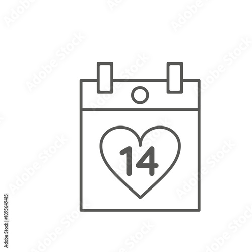 Line art icon of a calendar with a heart and the number 14, symbolizing Valentine's Day or a special romantic date.