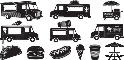 Collection of stylized black and white illustrations of various food trucks and street food items.