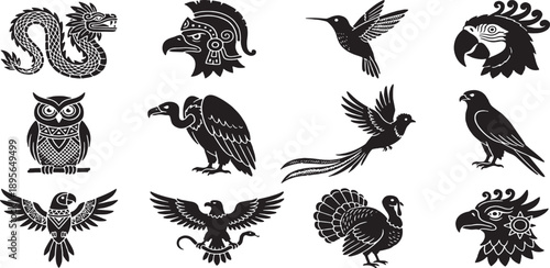 Collection of stylized black and white bird illustrations and a dragon, featuring diverse species and cultural motifs.