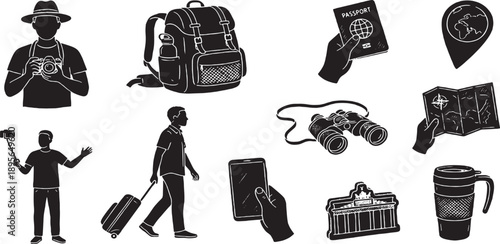 Collection of travel and adventure icons, including people, luggage, and navigation tools, presented in a silhouette style.