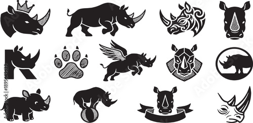Collection of diverse rhinoceros illustrations and icons, including a crowned rhino, a rhino with wings, and a rhino balancing on a ball.