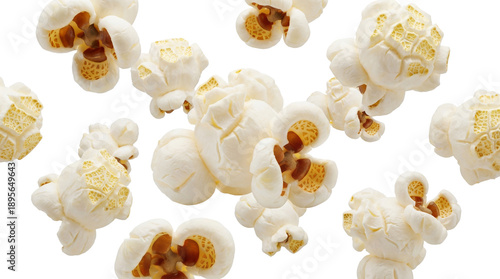Billede på lærred whimsical arrangement of fluffy, golden-brown popcorn clusters scattered against a dark void, capturing a delightful movie night snack