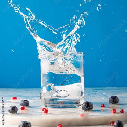 Fresh berry infused water splash on a blue background.