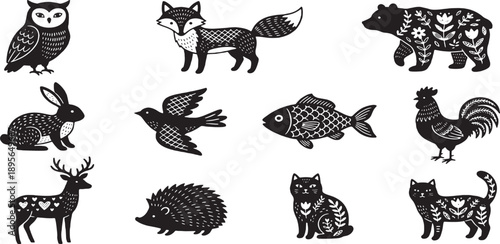 Collection of stylized black and white forest animals with folk art patterns.