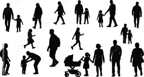 Family and people walking silhouettes, parents with children, everyday life illustration set, diverse human figures, vector pedestrian artwork for stock design use