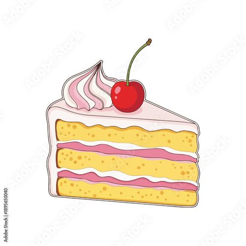 Slice of Layer Cake with Cherry and Whipped Cream Cartoon