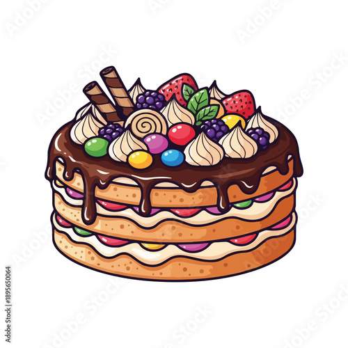 Luxury layered chocolate drip cake with fruit and candy topping