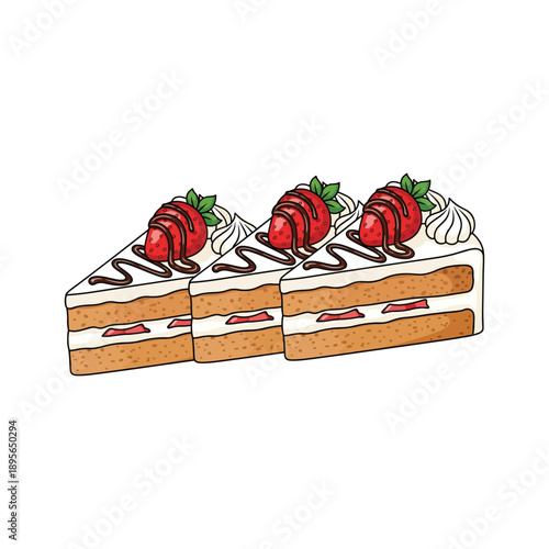 Three Slices of Layered Strawberry Cake Dessert Illustration