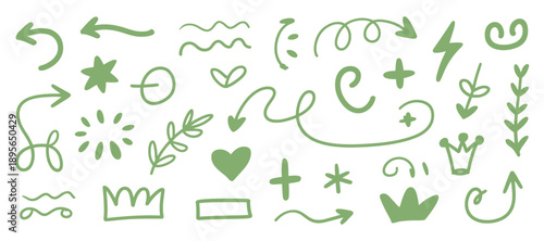 Collection of hand drawn green doodles arrows hearts stars and playful shapes