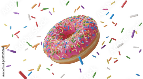 Canvas Print a delightful pink frosted donut adorned with a cascade of colorful rainbow sprinkles, suspended in a playful scattering against a transparent background