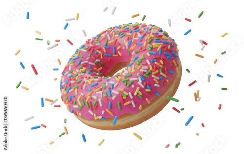 whimsical pink frosted donut with colorful sprinkles in mid-air, isolated on a transparent background with floating confetti, perfect for celebratory and sweet treat themes.