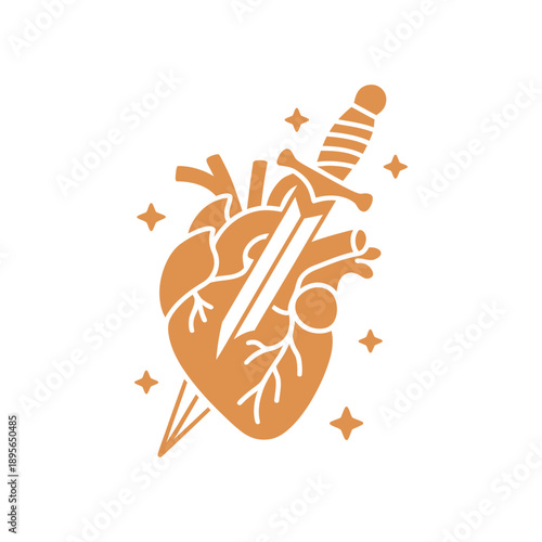 Anatomical heart pierced by a dagger with sparkling star details in orange