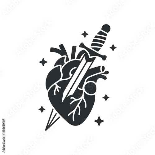 A black silhouette depicts a pierced heart with a dagger and surrounding stars