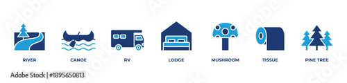Riverside Escape Icons set vector illustration blue with River, Canoe, Rv, Lodge, Mushroom, Tissue, Pine tree