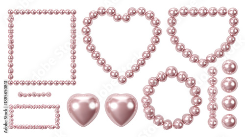 A collection of pink pearls arranged in various shapes on transparent background
