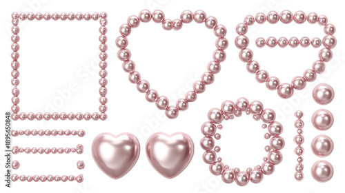 A collection of pink pearls arranged in various shapes on transparent background