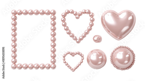 A collection of pink pearls arranged in hearts and shapes on transparent background