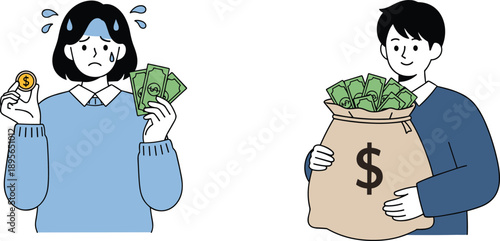 Financial comparison illustration showing stressed woman with little money and happy man holding large cash bag representing wealth gap and money management concept