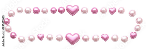 A delicate pink pearl and heart border on transparent background