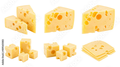 Schilderij op canvas a striking display of assorted swiss cheese pieces, including large wedges, stac