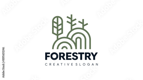 Minimalist Forestry Logo with Line Art Style Tree and Hill Icons
