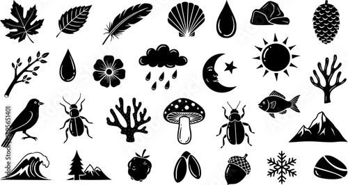 Nature and Environment Glyph Icons Set. Monochrome Black  White Collection of Natural Elements, Animals, Plants, Weather, and Landscapes.