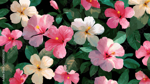Hibiscus flower pattern with pink and white petals and green leaves on black background creating vibrant and lively tropical design