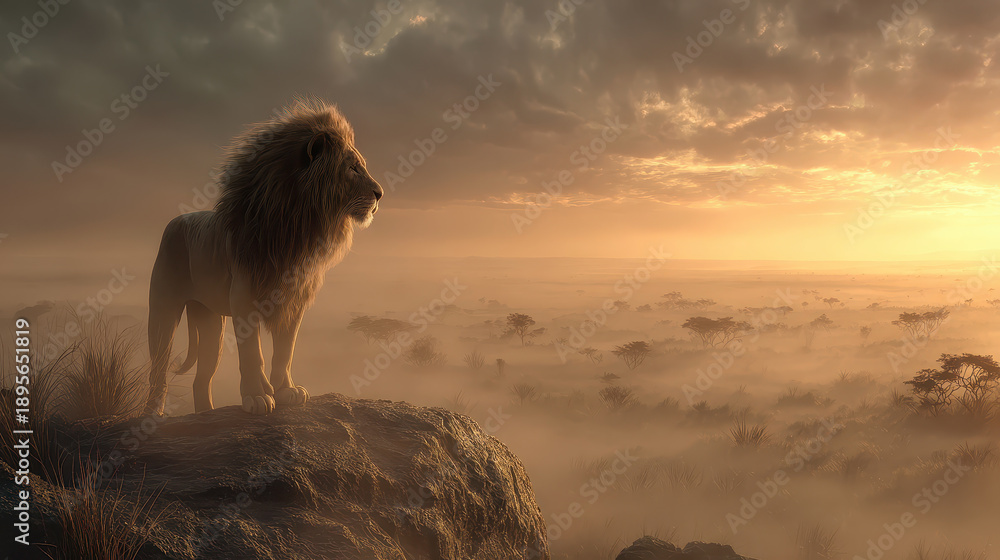 Obraz premium Majestic lion stands proudly on rocky cliff overlooking misty savannah at sunrise, evoking strength and calm