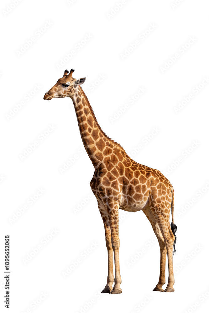 Obraz premium Side view of a single giraffe standing isolated against a white background. Showcases the giraffe's distinctive spotted pattern, long neck, and tall stature.