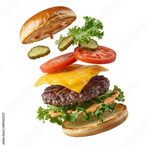 Bild auf Leinwand deconstructed gourmet cheeseburger with lettuce, tomato, pickles, and sauce, captured in a dynamic, floating motion against a transparent background, perfect for food photography and advertising