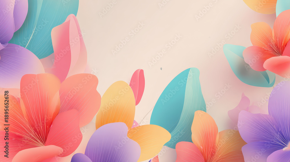 Obraz premium Soft pastel floral elements with vibrant petals and leaves floating over clean background creating delicate and colorful springtime atmosphere