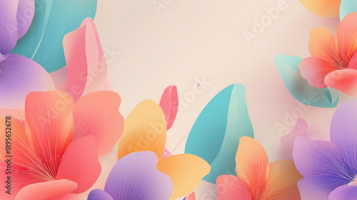 Soft pastel floral elements with vibrant petals and leaves floating over clean background creating delicate and colorful springtime atmosphere